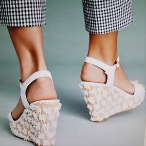 Anthropologie Ankle Strap White Wedge Floral Sandals